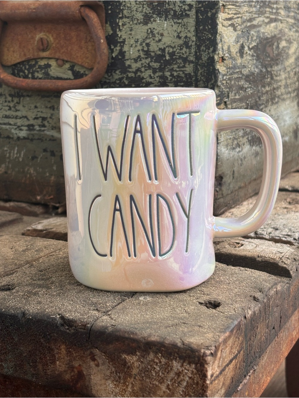 Rae Dunn Iridescent Pearl I WANT CANDY Mug